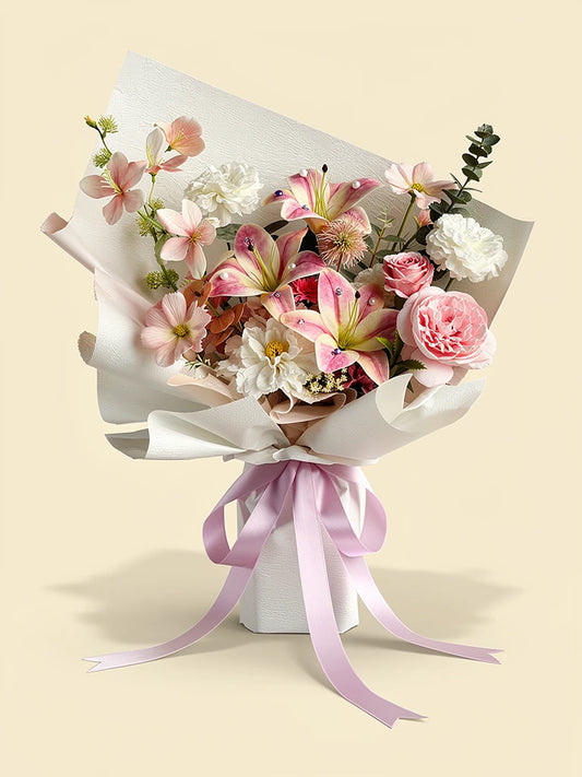 Garden Lily Rose Celebration Bouquet, Medium, front view; AI design illustration
