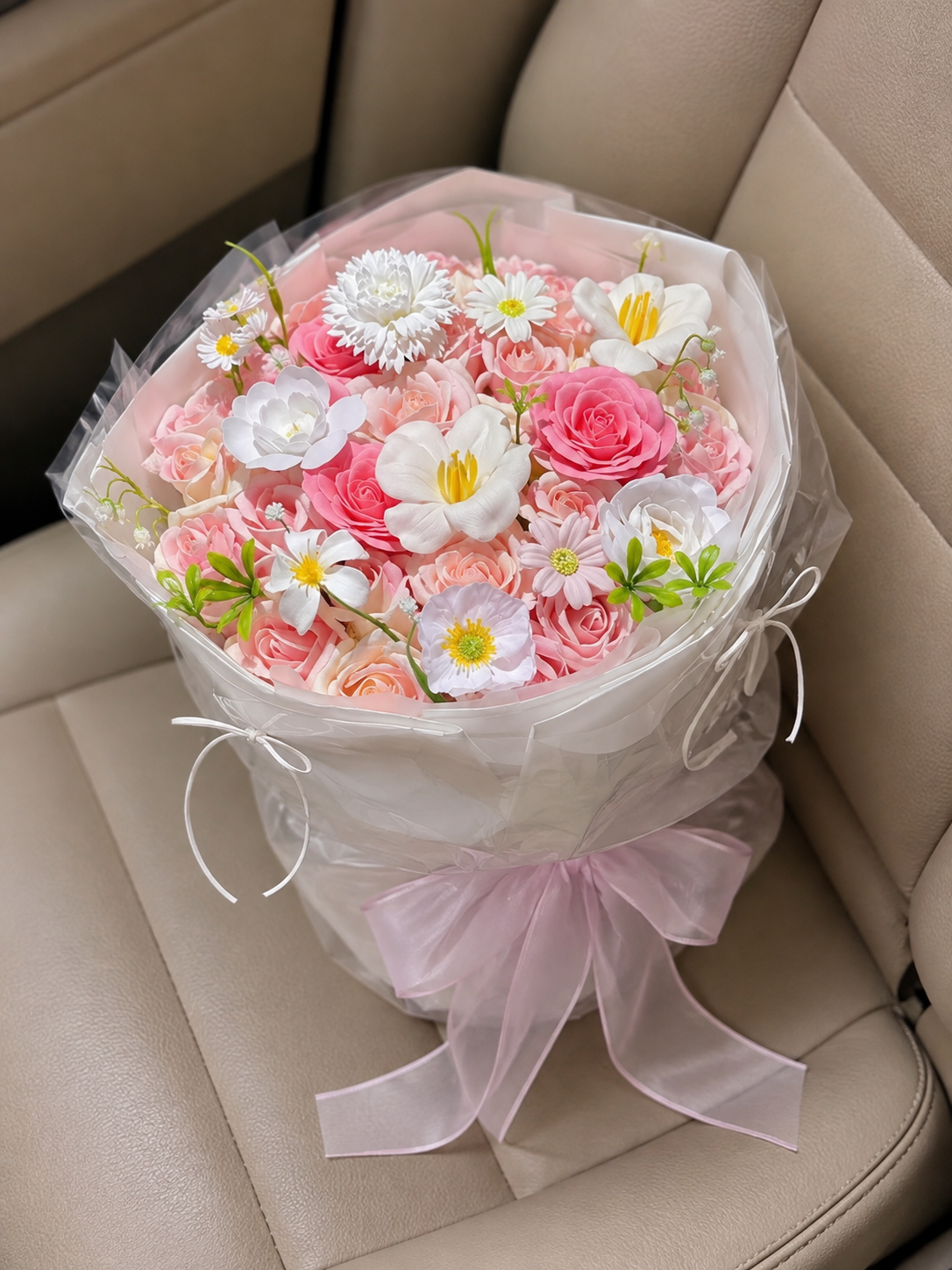 Garden Walk Rose Daisy Bouquet, high-angle car view; AI design illustration