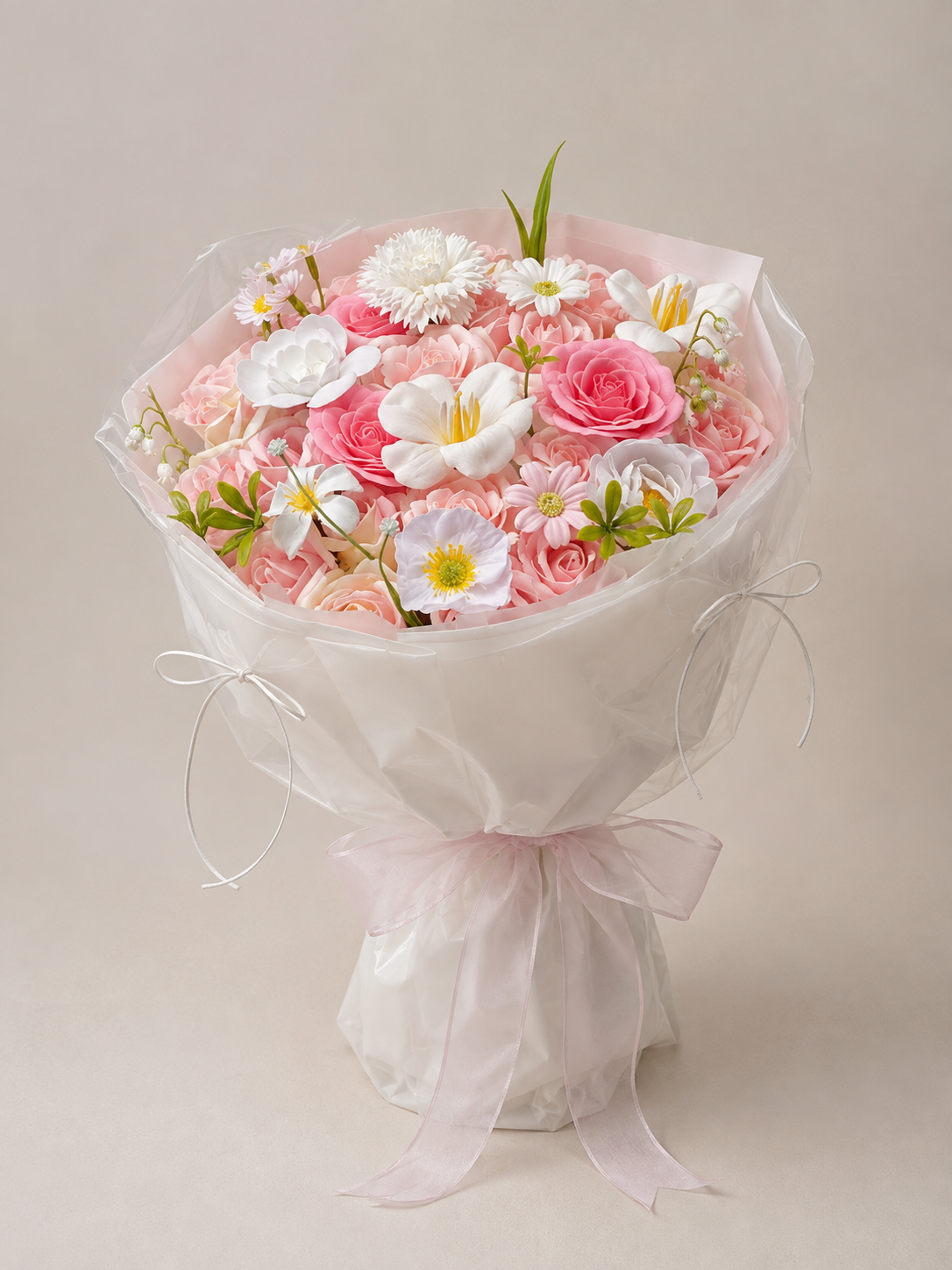 Garden Walk Rose Daisy Bouquet, front view; AI design illustration