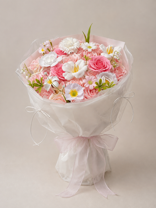 Garden Walk Rose Daisy Bouquet, front view; AI design illustration