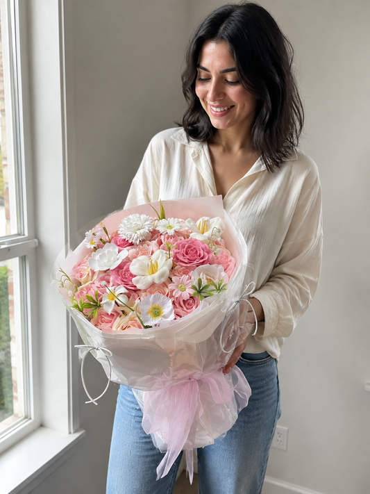 Garden Walk Rose Daisy Bouquet, person-held angled view; AI design illustration