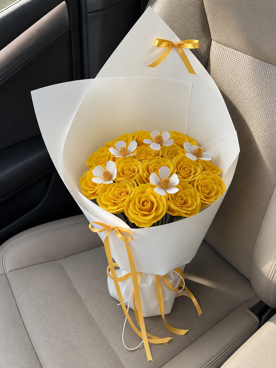 Golden Rose Frangipani Bouquet, high-angle car view; AI design illustration