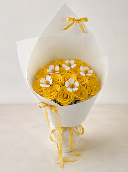Golden Rose Frangipani Bouquet, front view; AI design illustration
