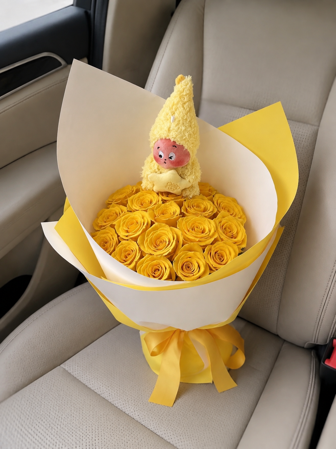 Golden Rose Plush Companion Bouquet, car-seat top view; AI design illustration