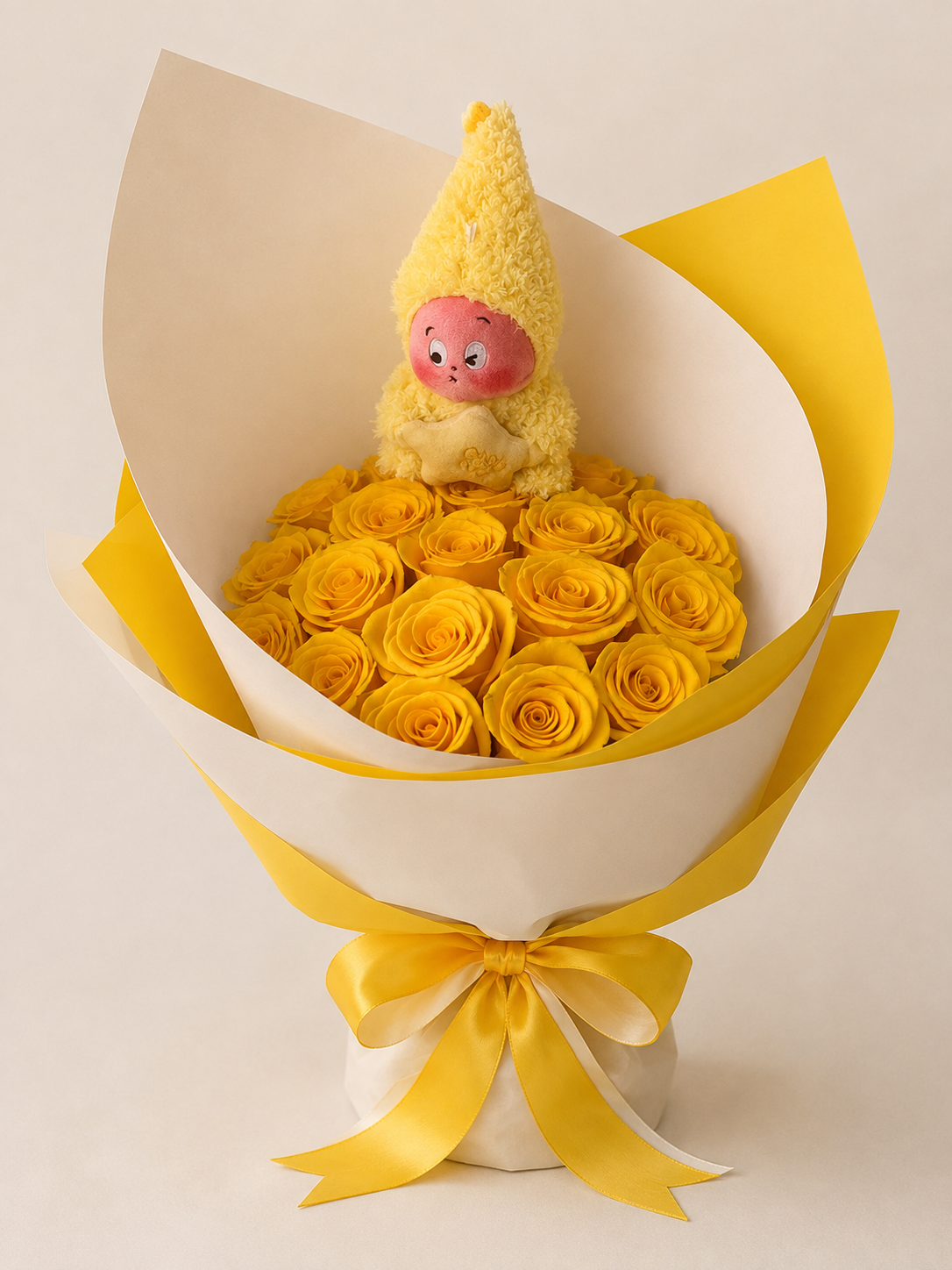 Golden Rose Plush Companion Bouquet, front view; AI design illustration