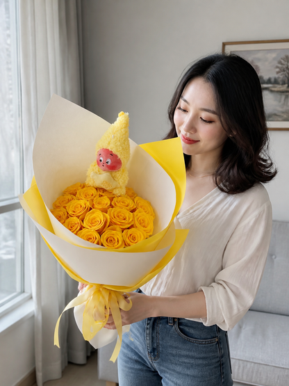 Golden Rose Plush Companion Bouquet, person-held angled view; AI design illustration