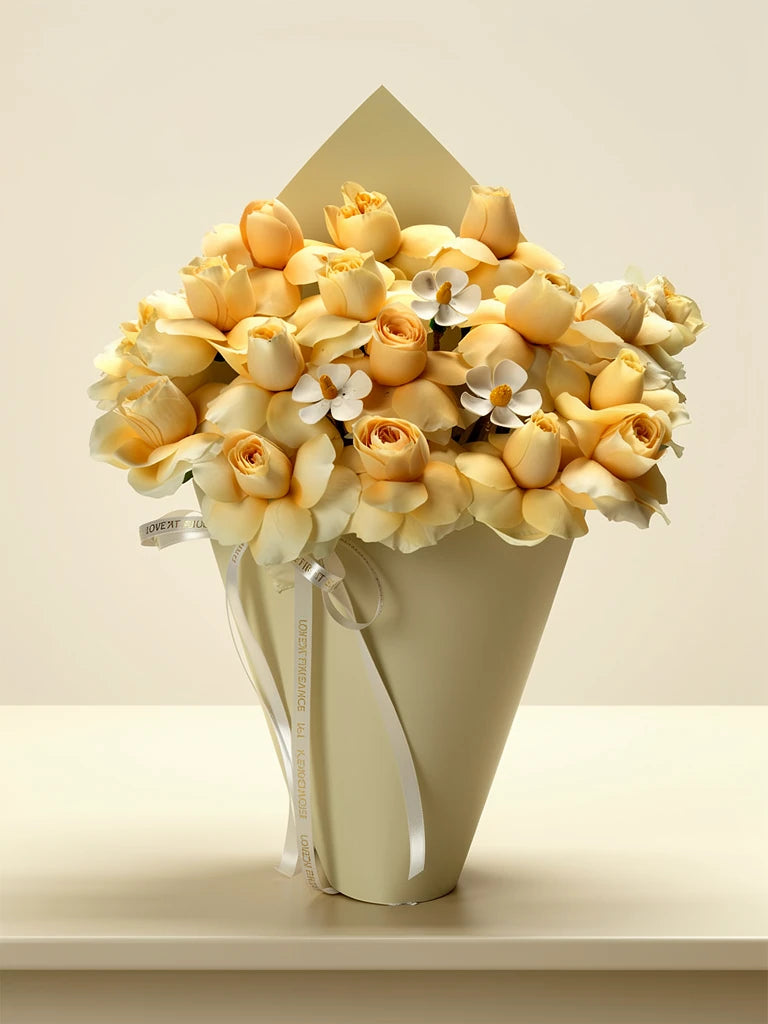 Golden Tulip Blossom Bouquet, Medium, front view; AI design illustration
