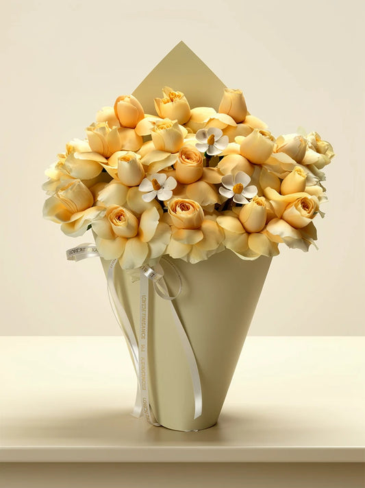 Golden Tulip Blossom Bouquet, Medium, front view; AI design illustration