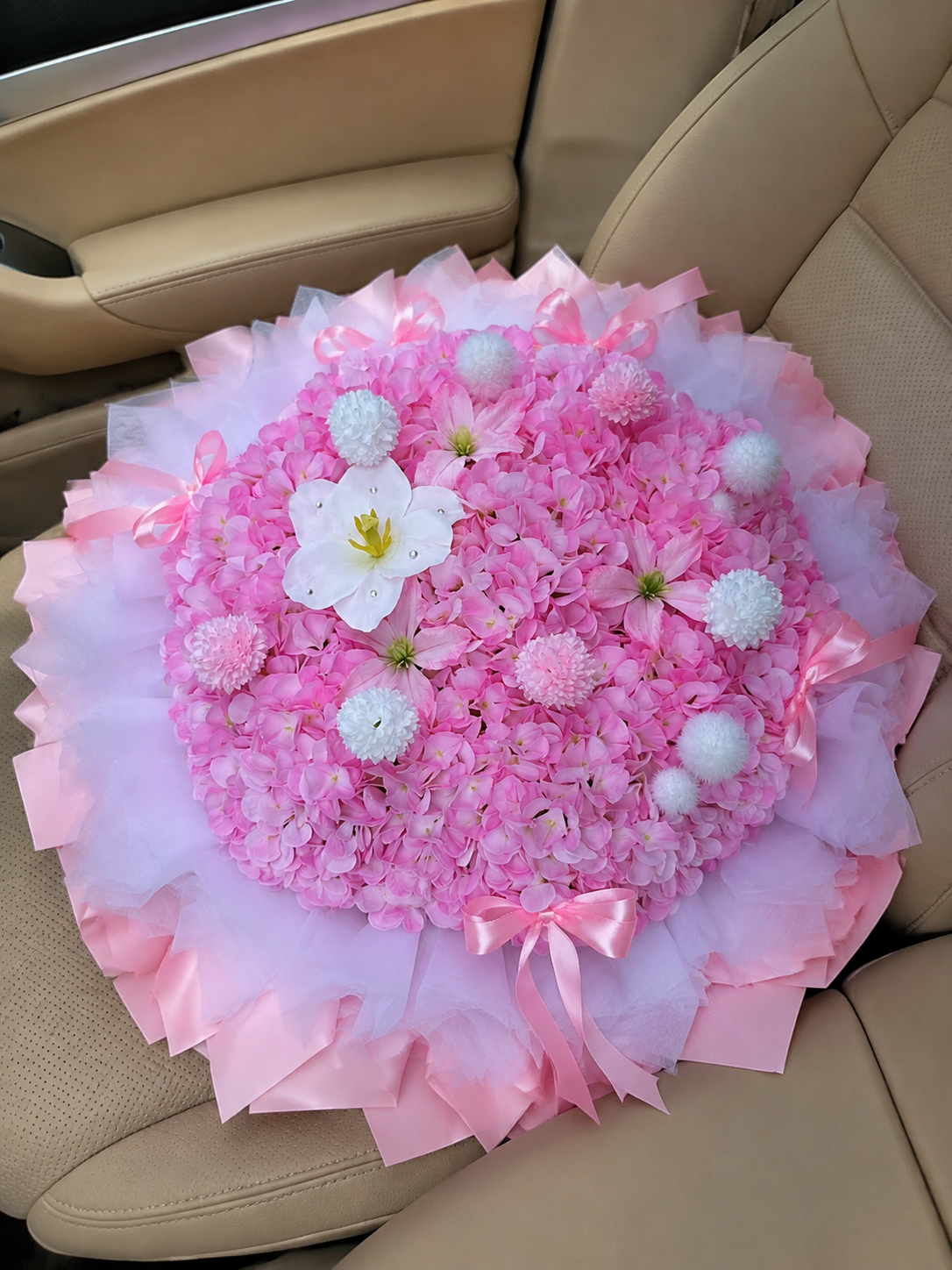 Grand Pink Hydrangea Celebration Bouquet, high-angle car view; AI design illustration