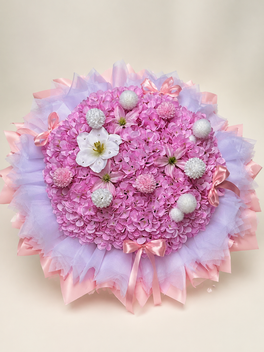 Grand Pink Hydrangea Celebration Bouquet, front view; AI design illustration