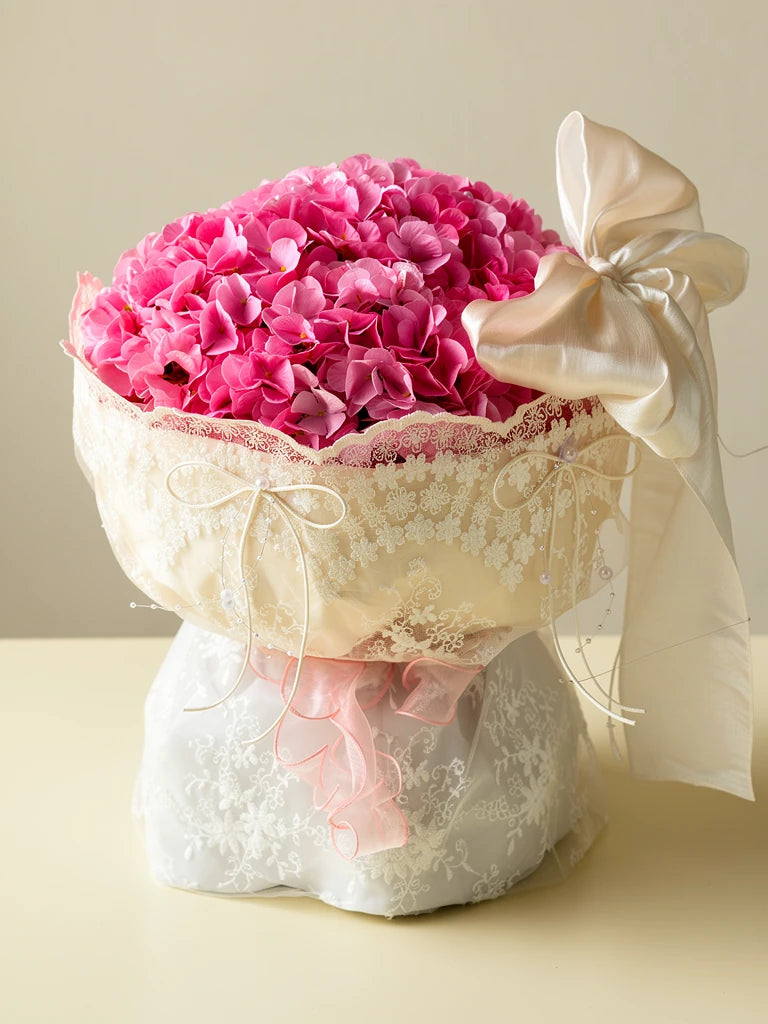 Hot Pink Hydrangea Lace Bouquet, Medium, front view; AI design illustration