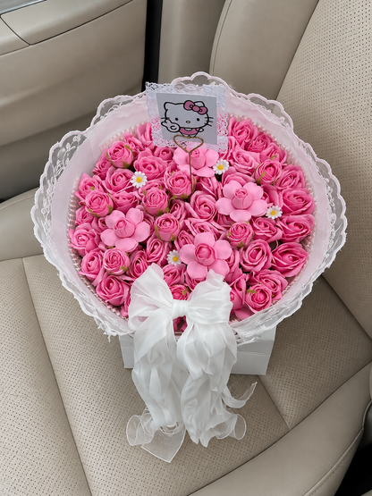 Hot Pink Rose Character Accent Bouquet, high-angle car view; AI design illustration