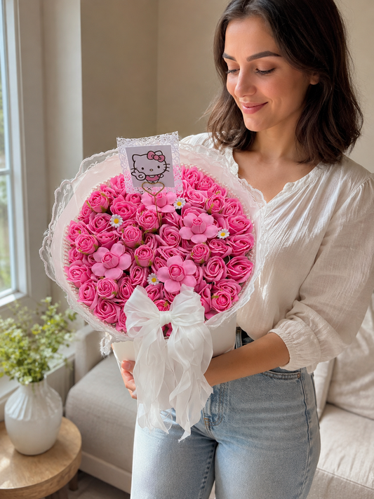 Hot Pink Rose Character Accent Bouquet, person-held angled view; AI design illustration