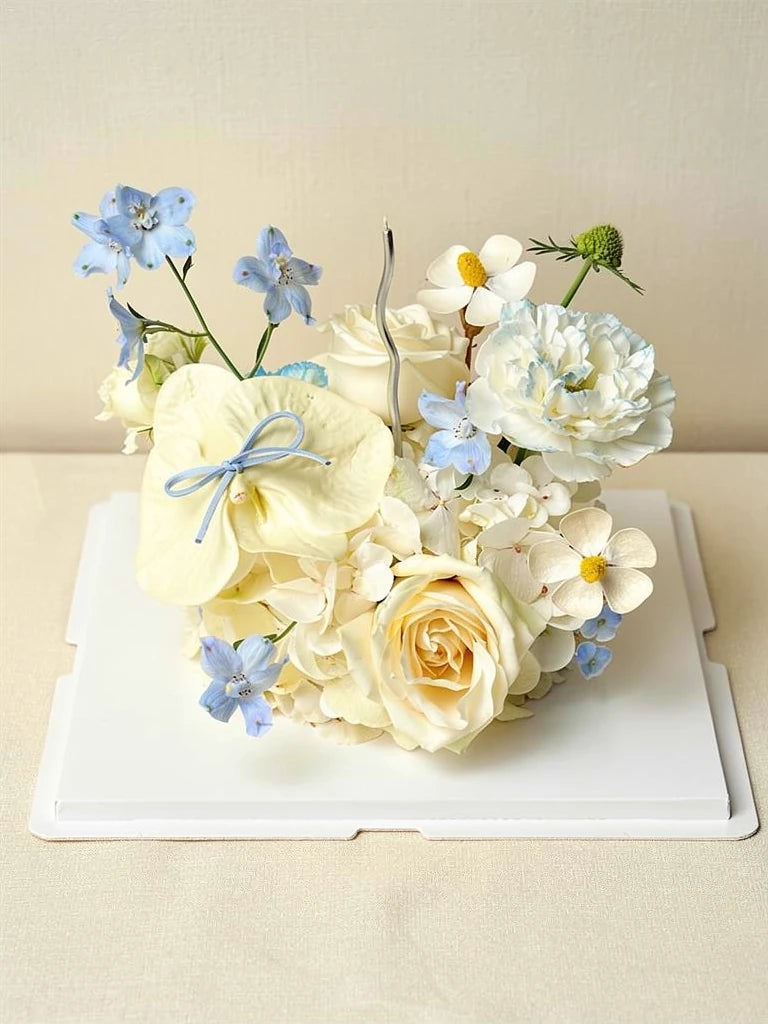 Ivory Blue Blossom Flower Cake, Medium, front view; AI design illustration