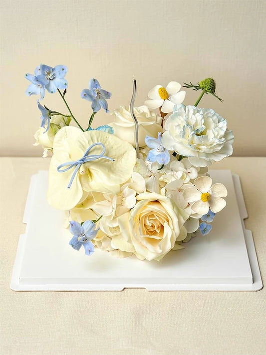 Ivory Blue Blossom Flower Cake, Medium, front view; AI design illustration