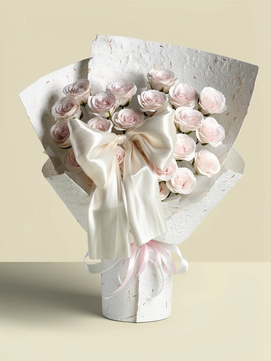 Ivory Blush Satin Rose Bouquet, Medium, front view; AI design illustration