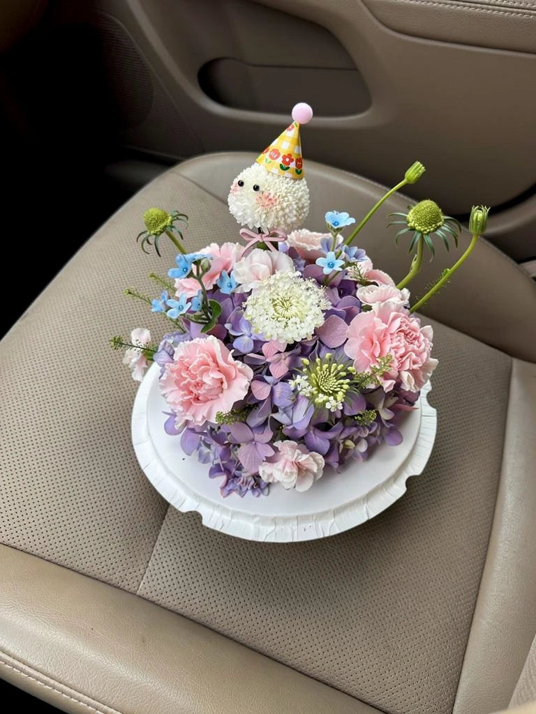 Lilac Cloud Party Flower Cake, Medium, high-angle car-seat view; AI lifestyle illustration