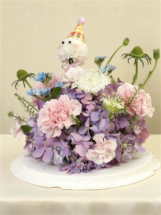 Lilac Cloud Party Flower Cake, Medium, front view; AI design illustration