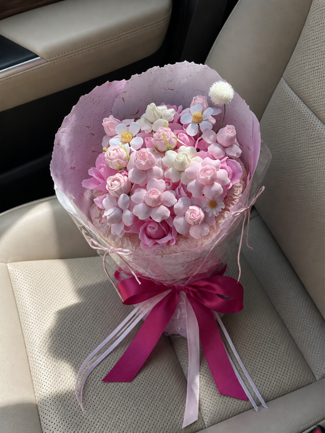 Lilac Pink Tulip Blossom Bouquet, high-angle car view; AI design illustration