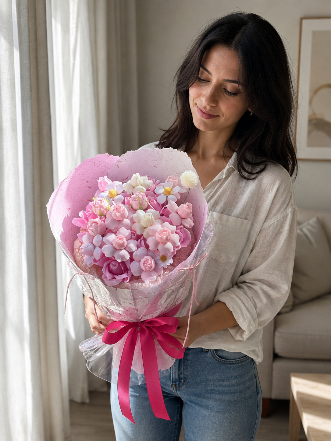 Lilac Pink Tulip Blossom Bouquet, person-held angled view; AI design illustration