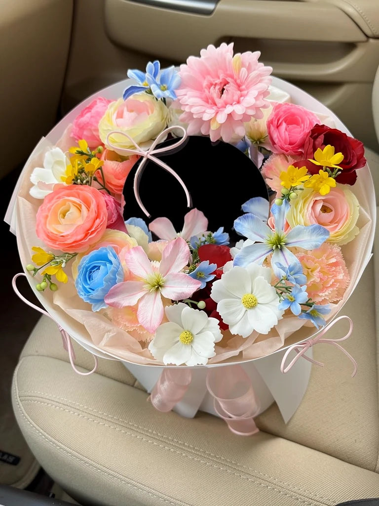 My Angel Rainbow Rose Bouquet, Medium, high-angle car-seat view; AI lifestyle illustration