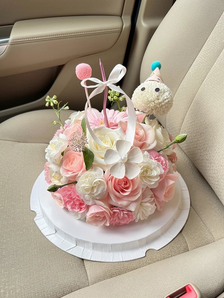 Party Sprite Pink Flower Cake, Medium, high-angle car-seat view; AI lifestyle illustration