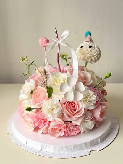 Party Sprite Pink Flower Cake, Medium, front view; AI design illustration