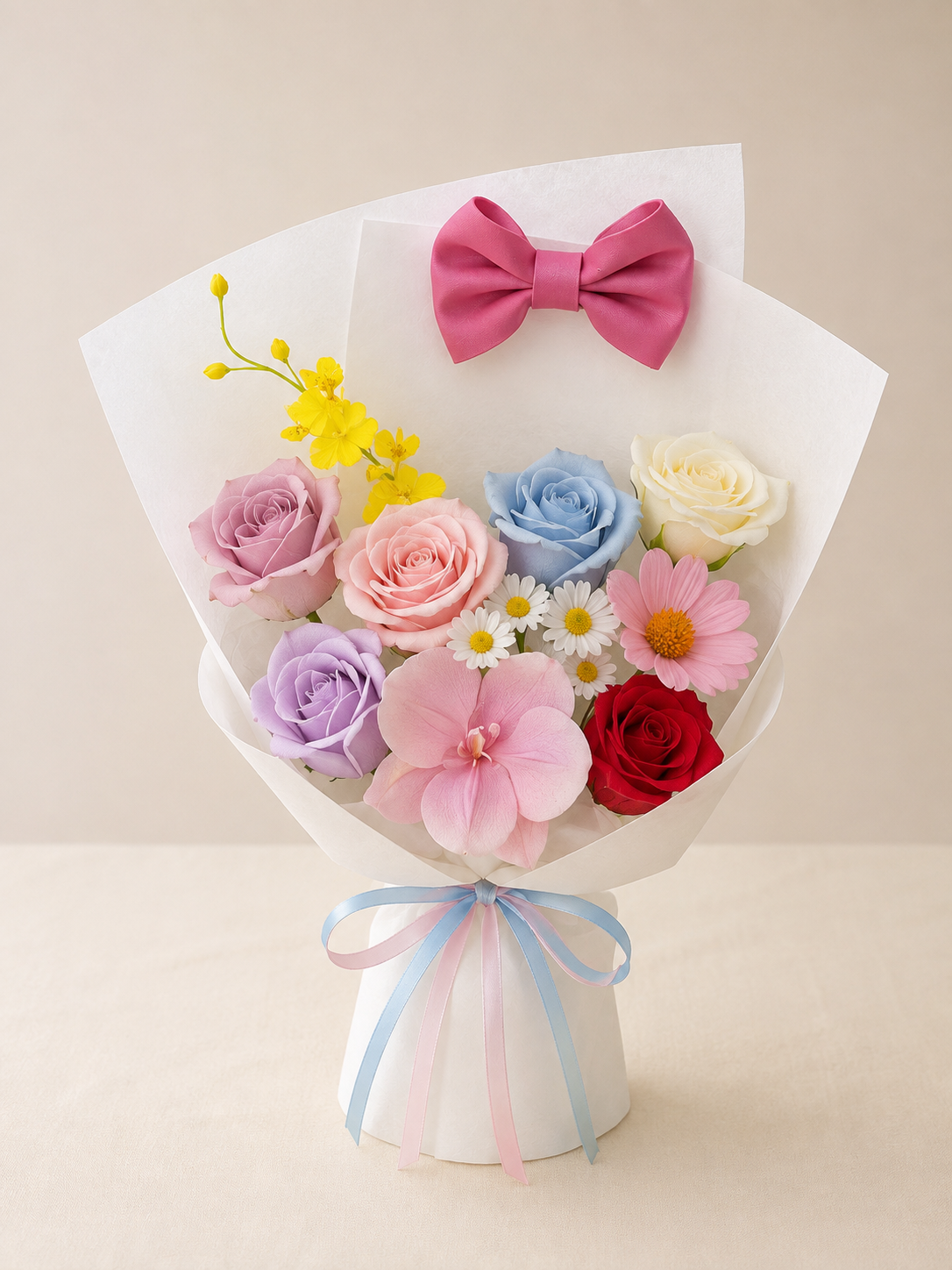 Pastel Bow Mini Garden Bouquet, front view; AI design illustration