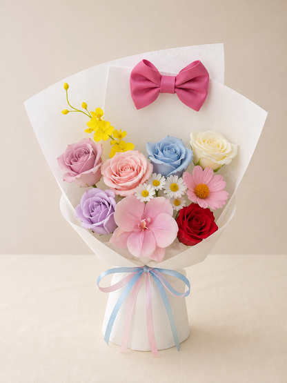 Pastel Bow Mini Garden Bouquet, front view; AI design illustration