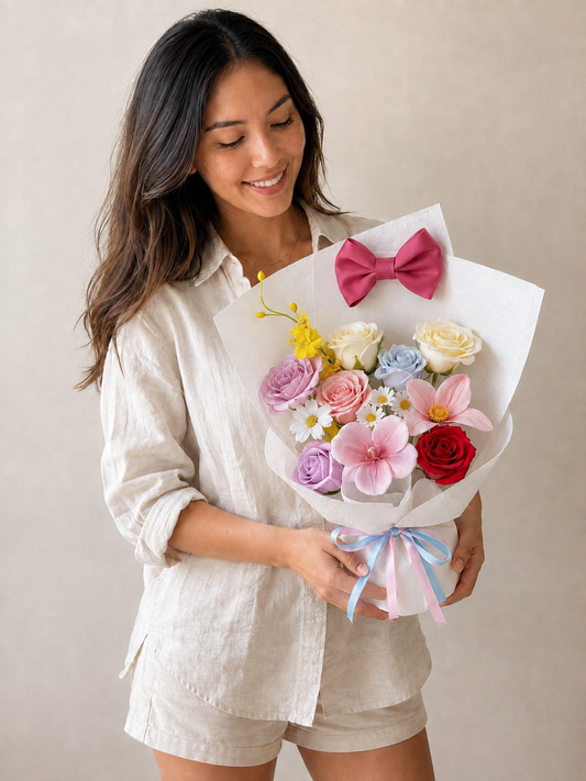 Pastel Bow Mini Garden Bouquet, person-held angled view; AI design illustration