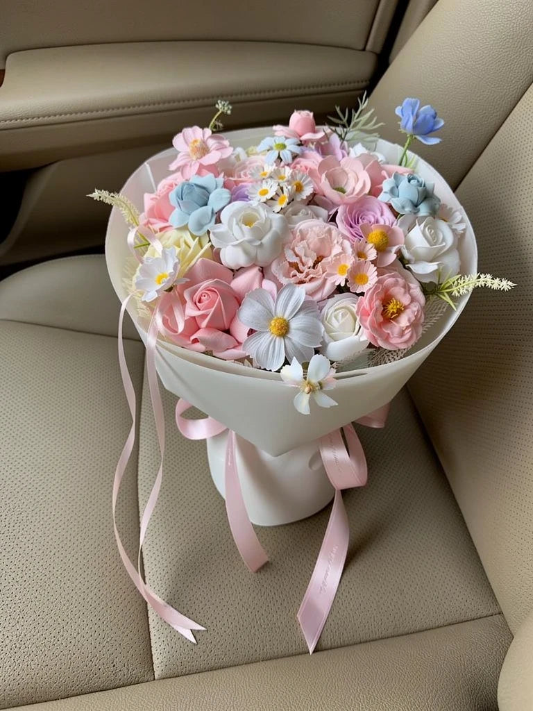 High-angle view of Pastel Confetti Medium Flower Bouquet on a car seat; AI lifestyle illustration