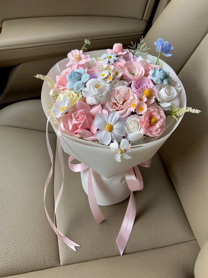 High-angle view of Pastel Confetti Medium Flower Bouquet on a car seat; AI lifestyle illustration