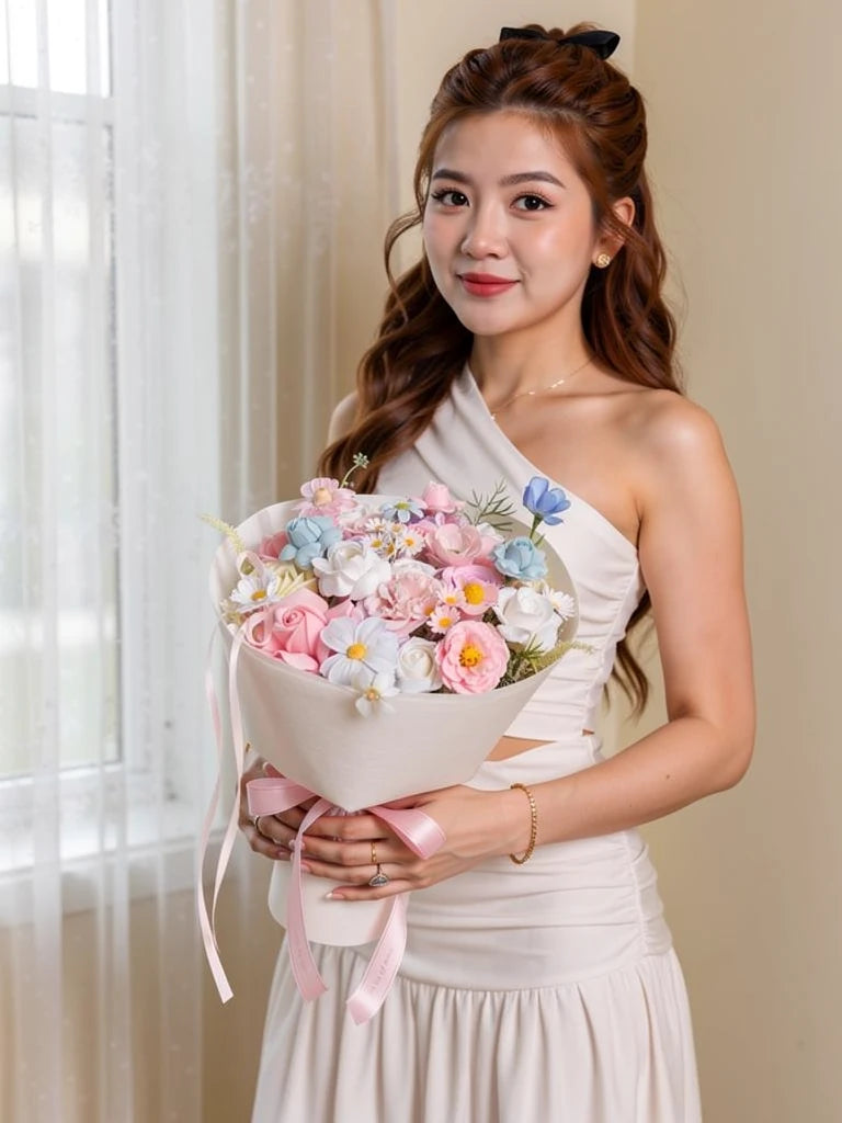 Nguyen Lan holding Pastel Confetti Medium Flower Bouquet; AI lifestyle illustration