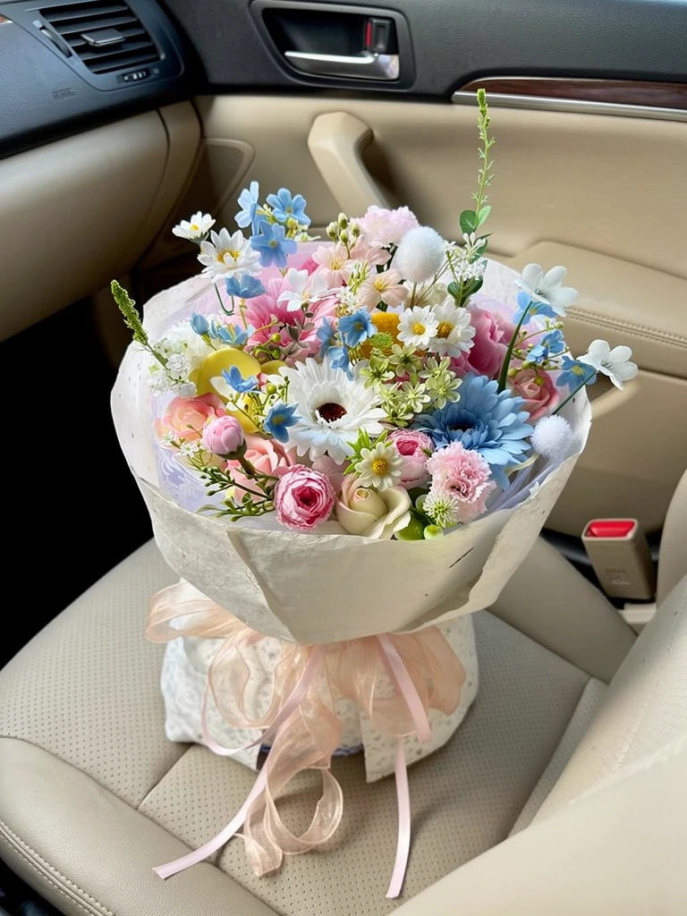 Pastel Daisy Fields Bouquet, Medium, high-angle car-seat view; AI lifestyle illustration