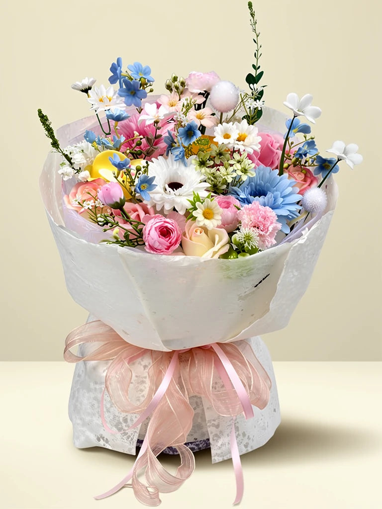 Pastel Daisy Fields Bouquet, Medium, front view; AI design illustration