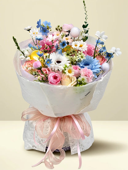 Pastel Daisy Fields Bouquet, Medium, front view; AI design illustration