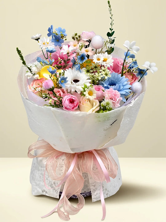 Pastel Daisy Fields Bouquet, Medium, front view; AI design illustration