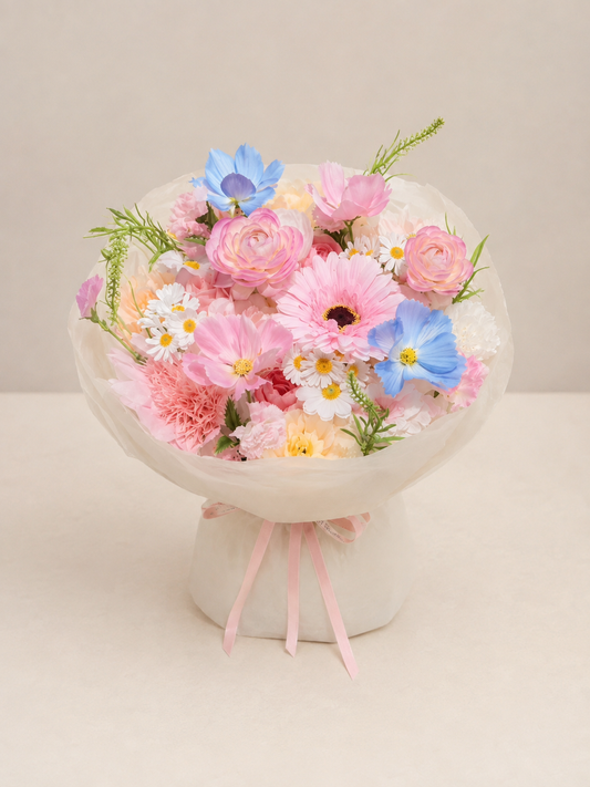 Pastel Daisy Sunshine Bouquet, front view; AI design illustration