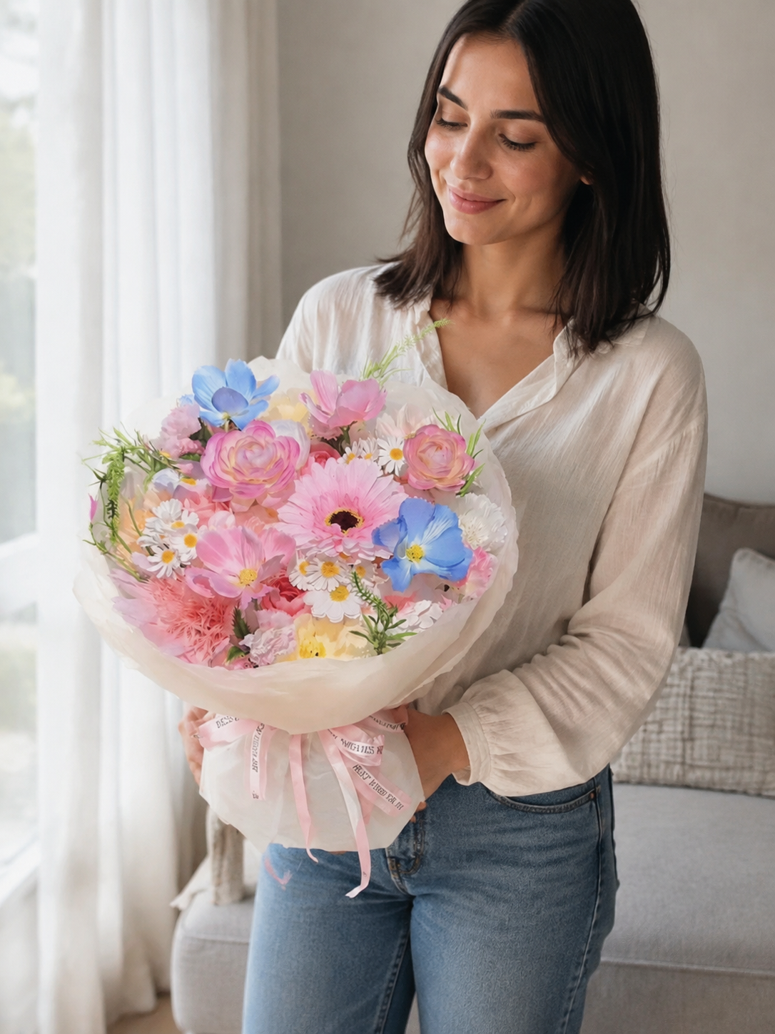 Pastel Daisy Sunshine Bouquet, person-held angled view; AI design illustration
