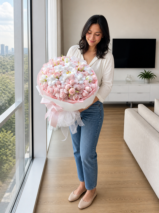 Pastel Tulip Blossom Grande Bouquet, person-held angled view; AI design illustration