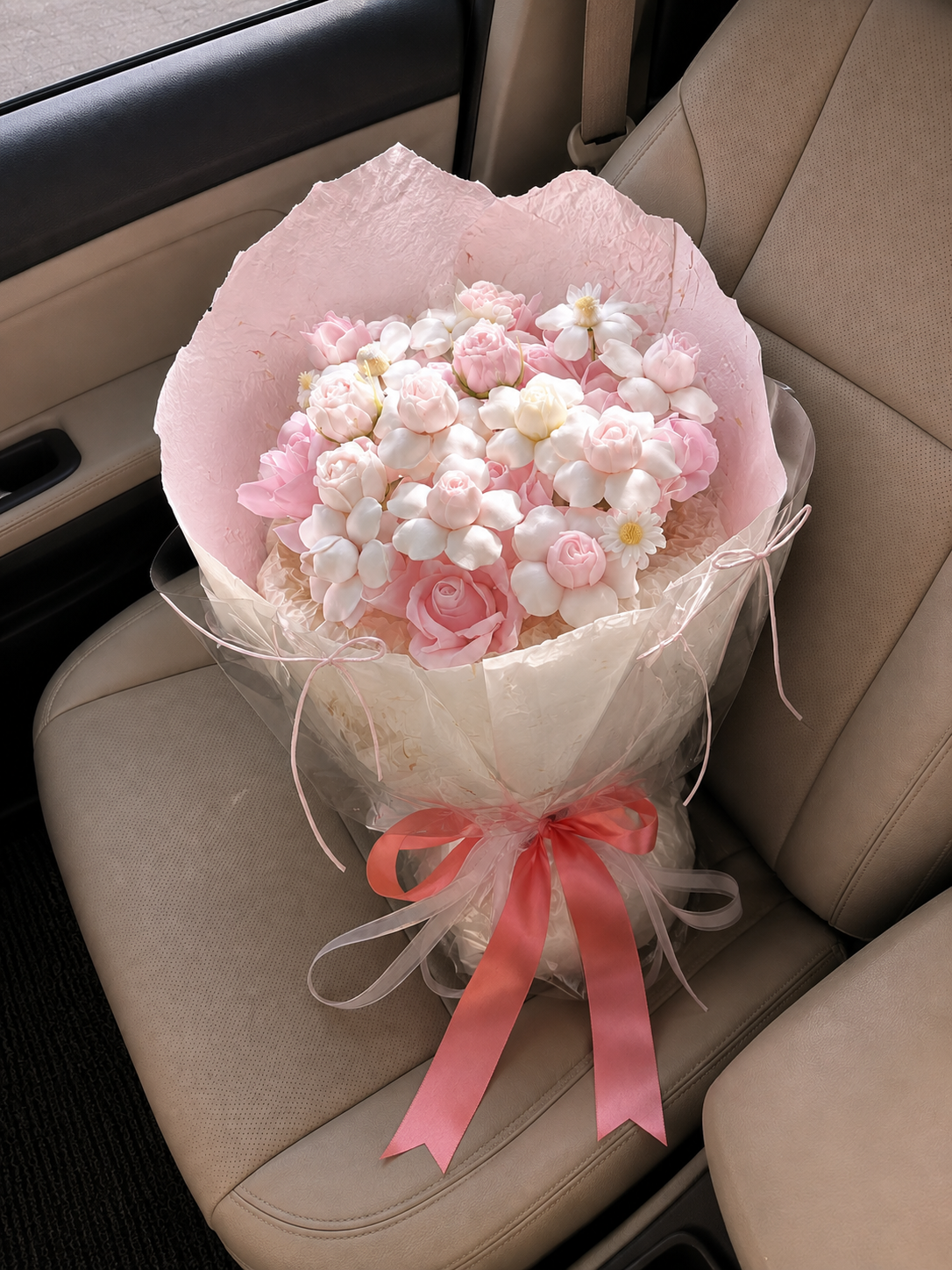 Peach Blossom Tulip Bouquet, high-angle car view; AI design illustration