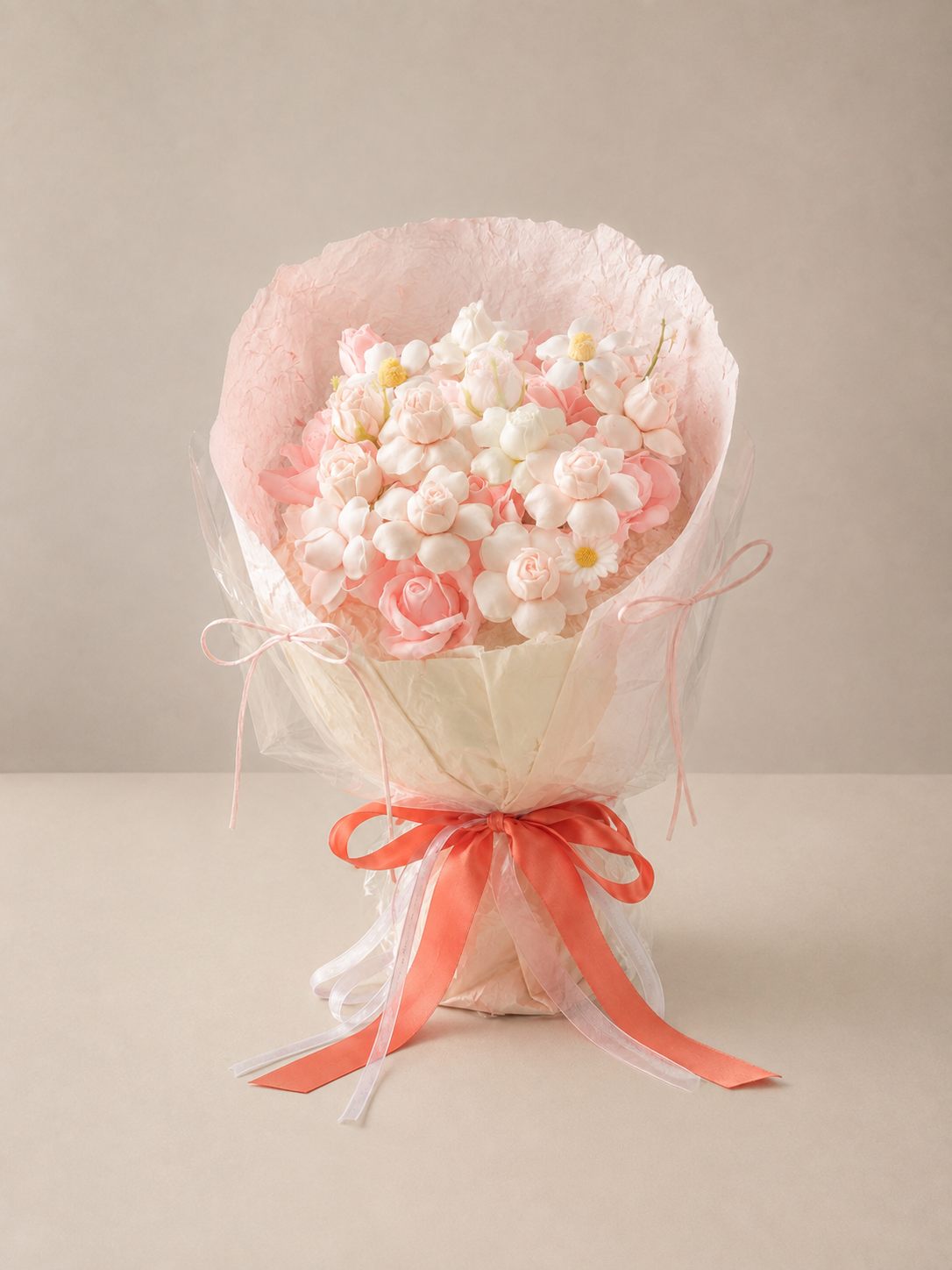 Peach Blossom Tulip Bouquet, front view; AI design illustration