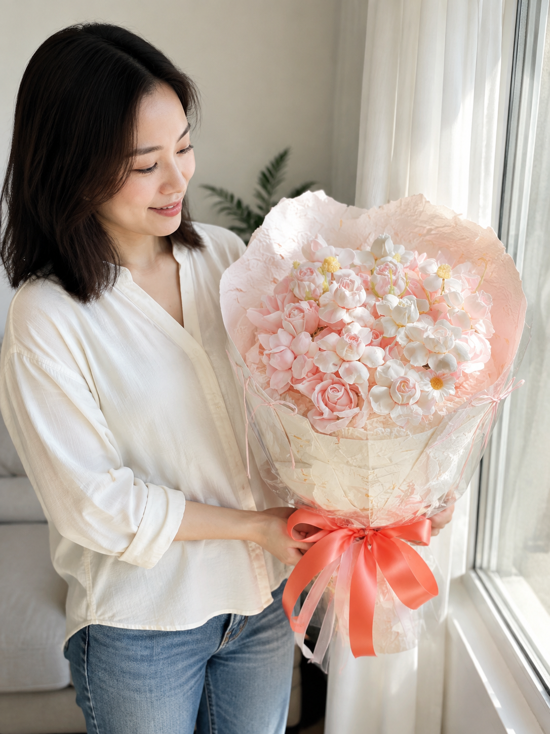 Peach Blossom Tulip Bouquet, person-held angled view; AI design illustration