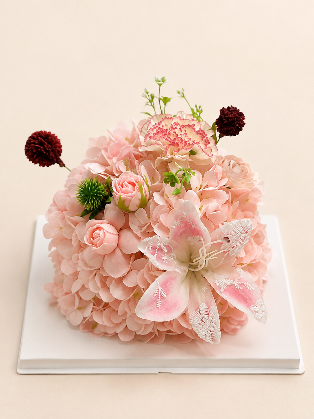 Peach Lily Celebration Flower Cake, front view; AI design illustration
