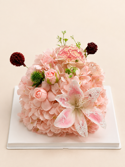 Peach Lily Celebration Flower Cake, front view; AI design illustration