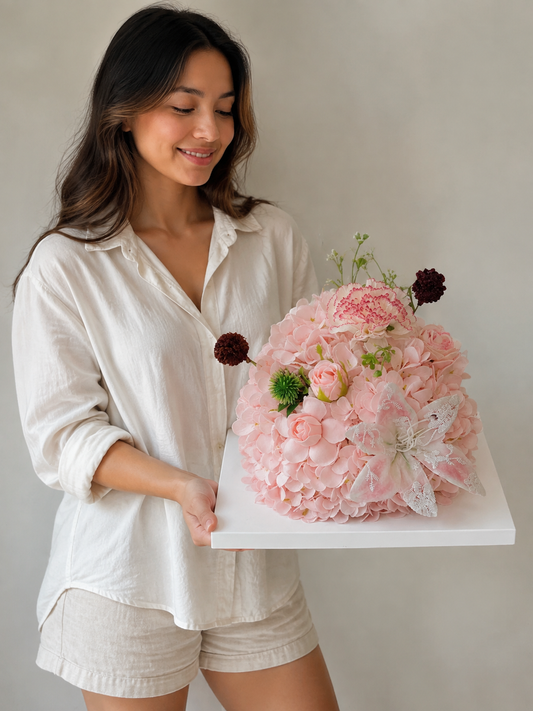 Peach Lily Celebration Flower Cake, person-held angled view; AI design illustration