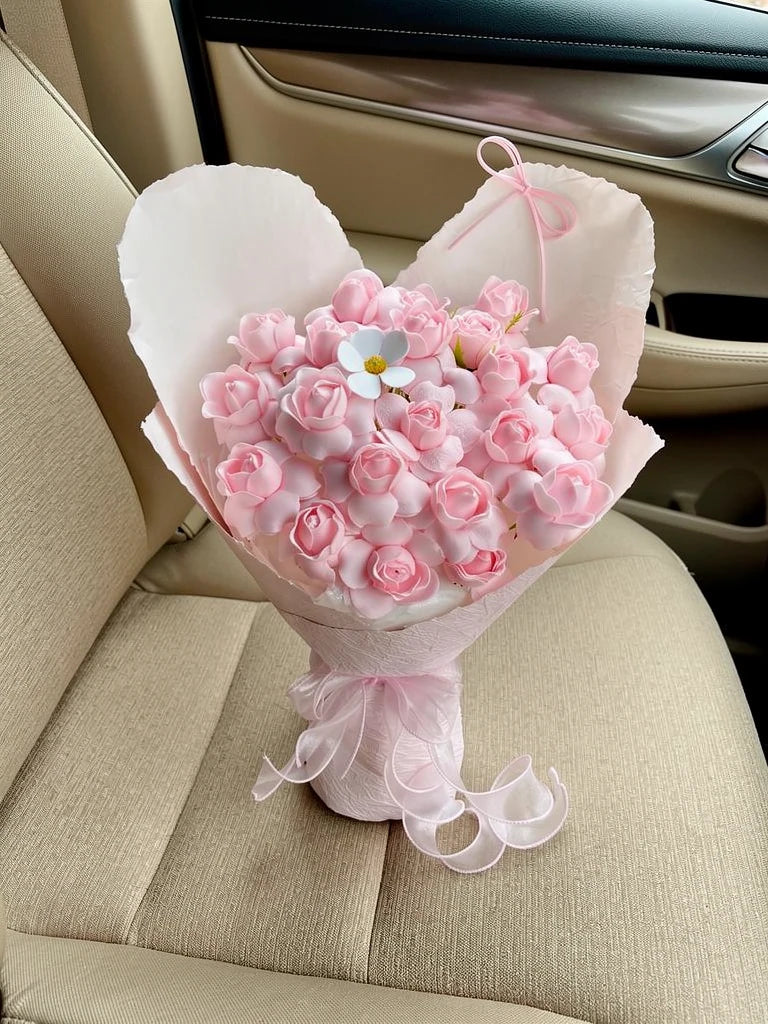 Petal Pink Rose Dome Bouquet, Medium, high-angle car-seat view; AI lifestyle illustration