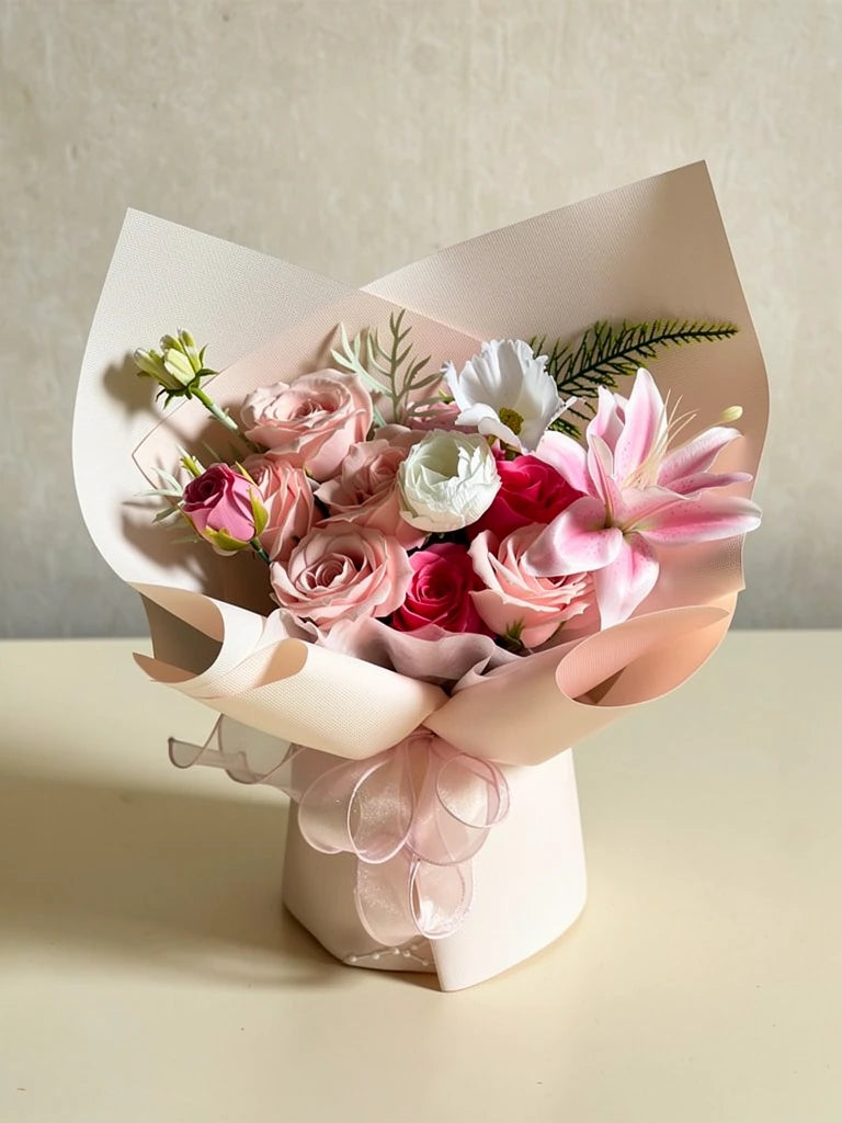 Petite Pink Lily Rose Bouquet, Medium, front view; AI design illustration