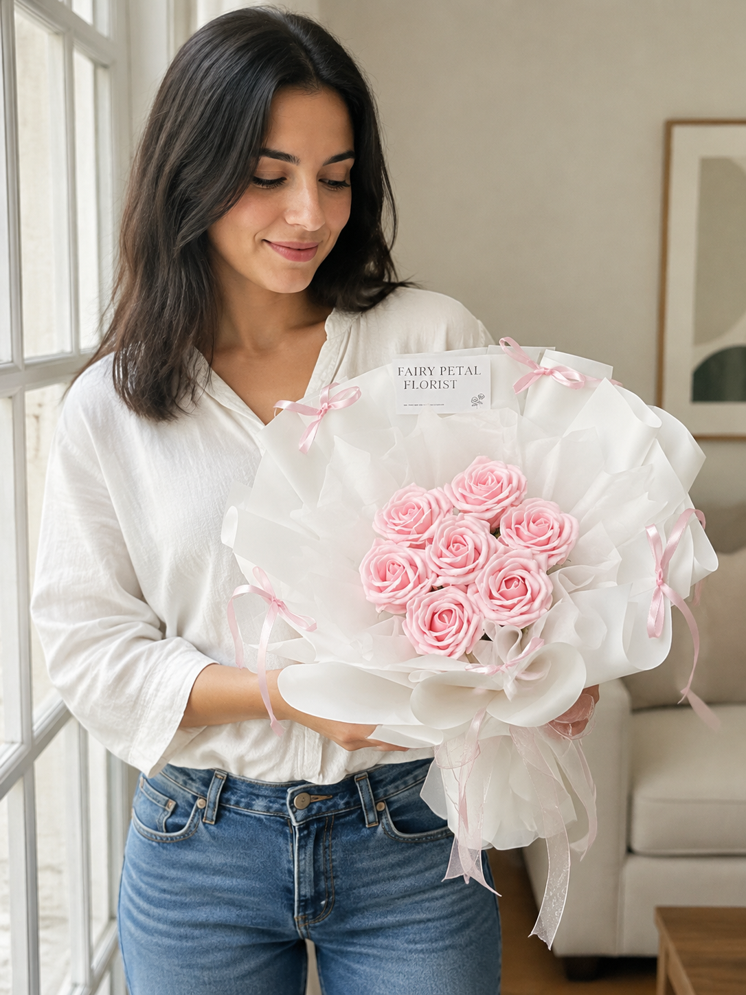 Petite Pink Rose Envelope Bouquet — person view; AI-assisted design illustration