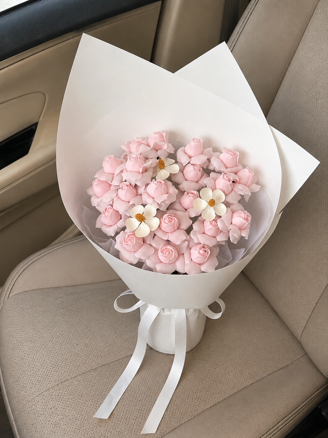 Pink Blossom Daisy Posy, high-angle car view; AI design illustration